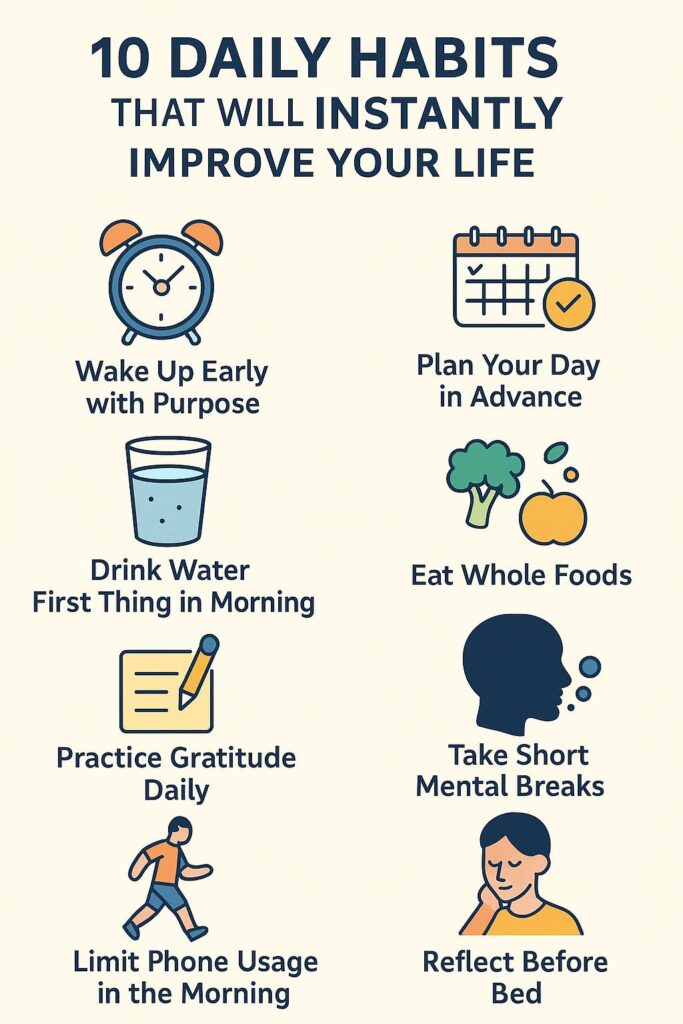 Infographic showing 10 daily lifestyle habits to improve health, focus, and happiness with icons and simple tips