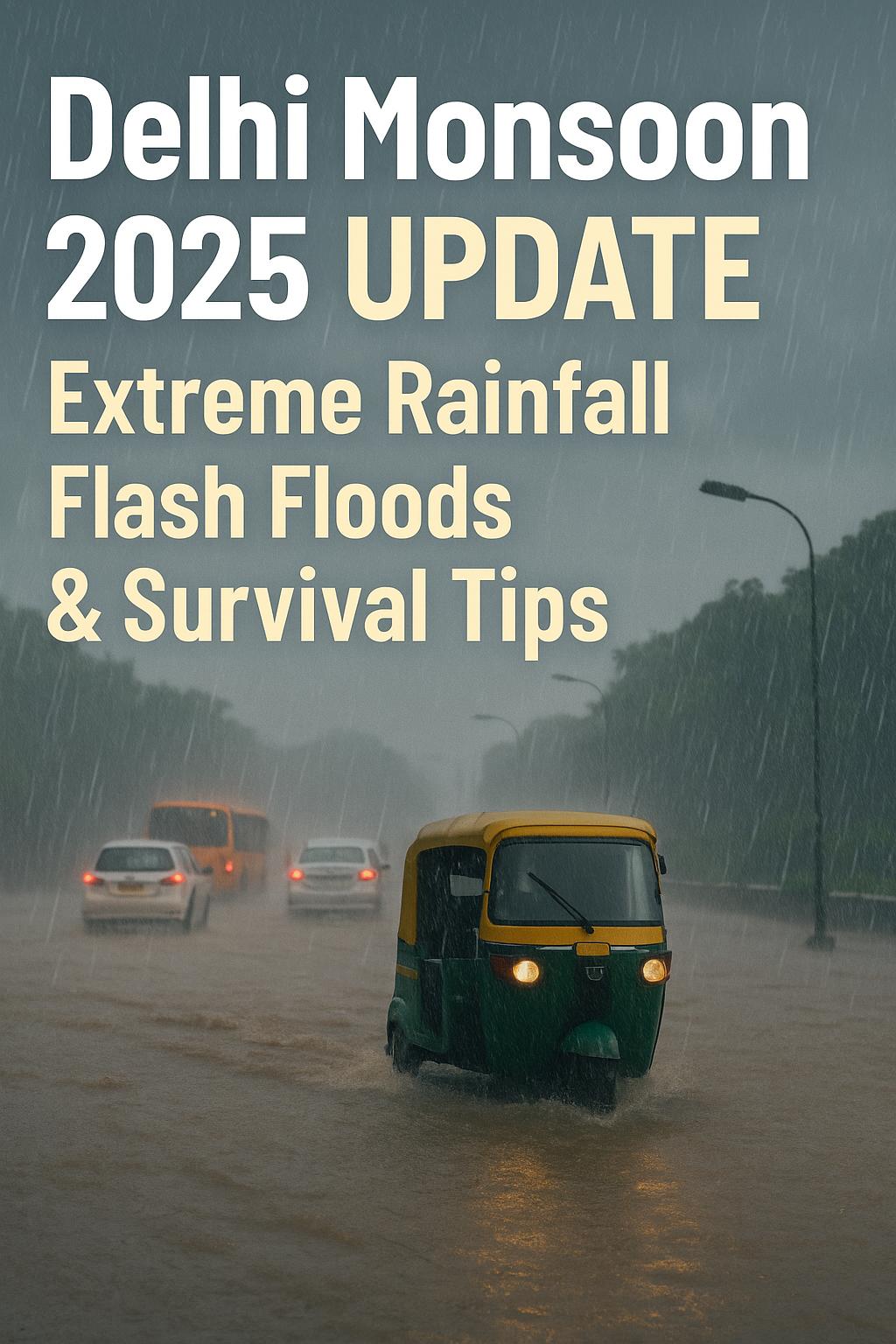 Delhi Monsoon 2025 update image showing heavy rainfall and flash floods with vehicles, including an auto rickshaw, navigating waterlogged streets under dark skies.