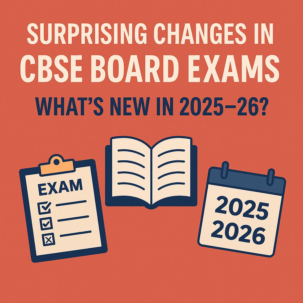 Illustration highlighting surprising changes in CBSE Board Exams 2025–26 with exam icons and calendar dates