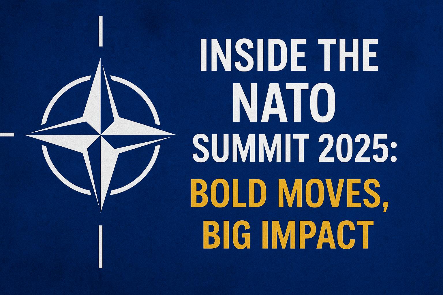 Digital banner for NATO Summit 2025 featuring the NATO emblem on a blue background and bold white and yellow text that reads: ‘Inside the NATO Summit 2025: Bold Moves, Big Impact