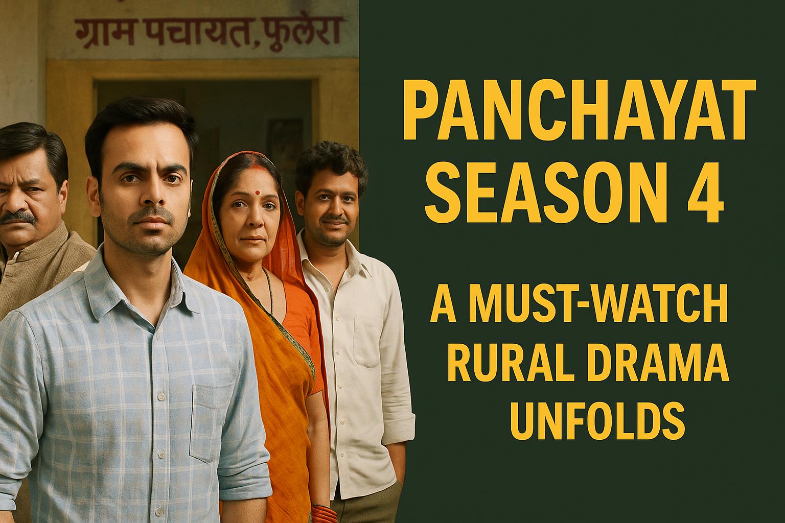 Promotional poster of Panchayat Season 4 featuring main cast members including Abhishek, Pradhan Ji, Manju Devi, and Vikas standing in front of the village Panchayat office with the title text "Panchayat Season 4: A Must-Watch Rural Drama Unfolds" displayed in bold yellow letters on a green background.