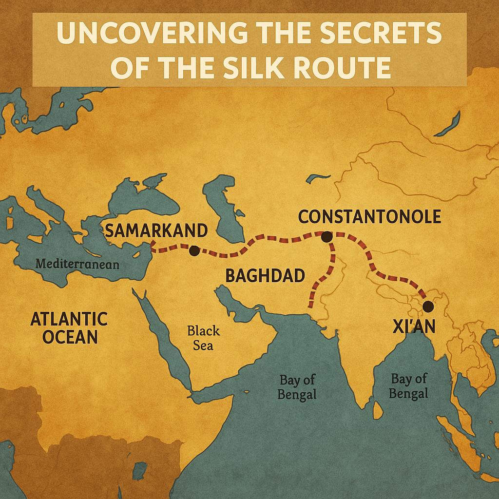 Vintage-style map showing the ancient Silk Route from Xi’an in China to Constantinople, passing through key trade cities like Samarkand and Baghdad, with a red dashed line marking the overland trade path.