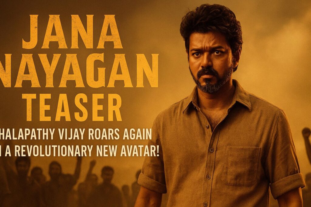Thalapathy Vijay in a powerful revolutionary avatar from the Jana Nayagan teaser, featuring dramatic lighting and intense expression.