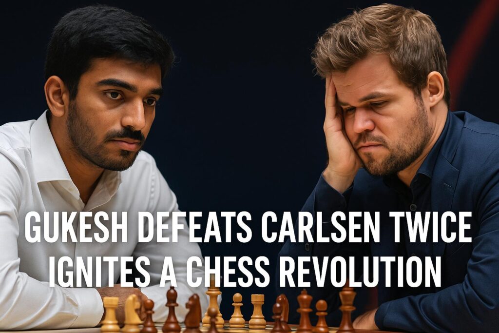 Digital illustration showing Indian chess grandmaster Gukesh, wearing a white shirt and looking confident, seated across from Magnus Carlsen, who appears frustrated. A chessboard sits between them, symbolizing their 2025 matches. Bold text reads: “Gukesh Defeats Carlsen Twice, Ignites a Chess Revolution.”