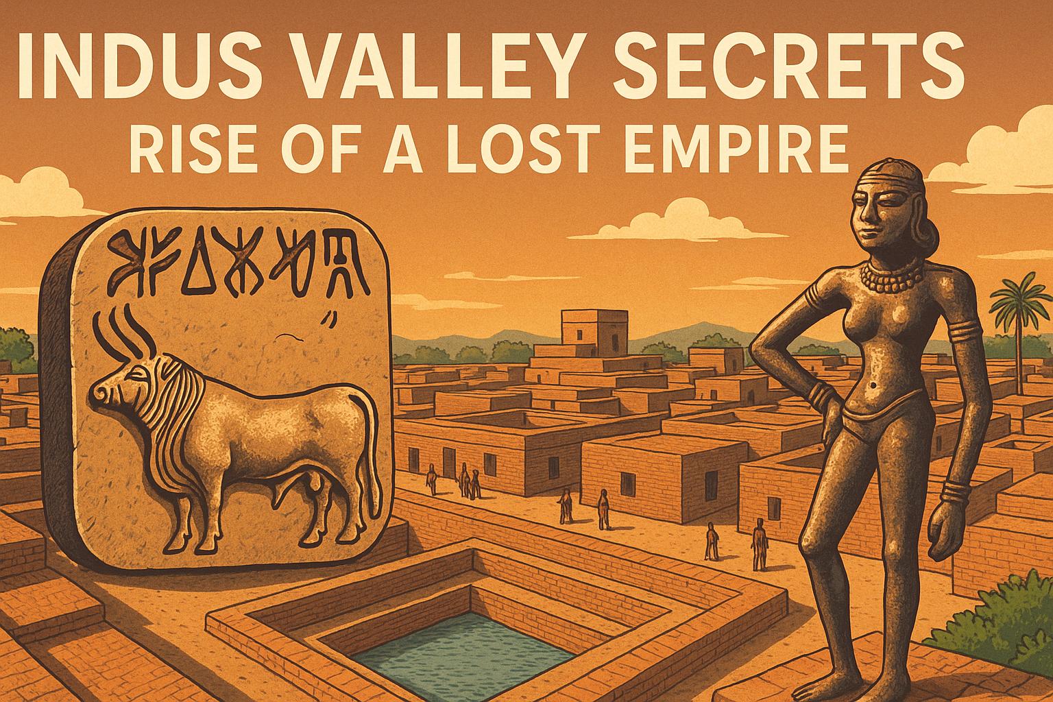 Illustration of the Indus Valley Civilisation featuring ancient city structures, a large stone seal with a bull and script, the Dancing Girl bronze statue, and people walking near the Great Bath under a warm sunset sky.
