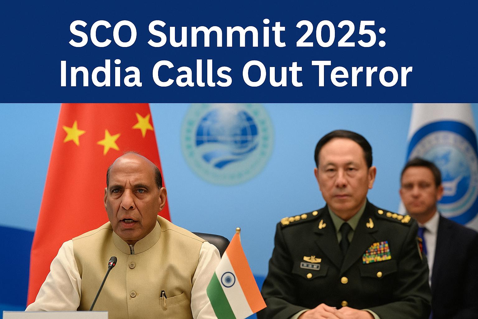 A bold digital news graphic titled "SCO Summit 2025: India Calls Out Terror", featuring symbolic visuals of international diplomacy, flags of India and China, and a dramatic backdrop representing geopolitical tension and security dialogue.