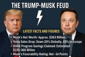 An infographic titled The Trump Musk Feud featuring side-by-side portraits of Donald Trump and Elon Musk separated by a lightning bolt. The image includes key data such as Musk’s net worth ($363 billion), Tesla’s sales drop (down 20% globally, 45% in Europe), estimated DOGE program savings ($135–160 billion), and Musk’s favorability rating (net –14 points), all displayed on a dark blue background with bold white and yellow text.